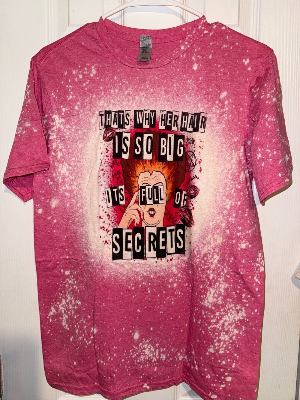 Gildan Pink Bleach-Splatter Graphic Tee with Bold Secret-Theme Print